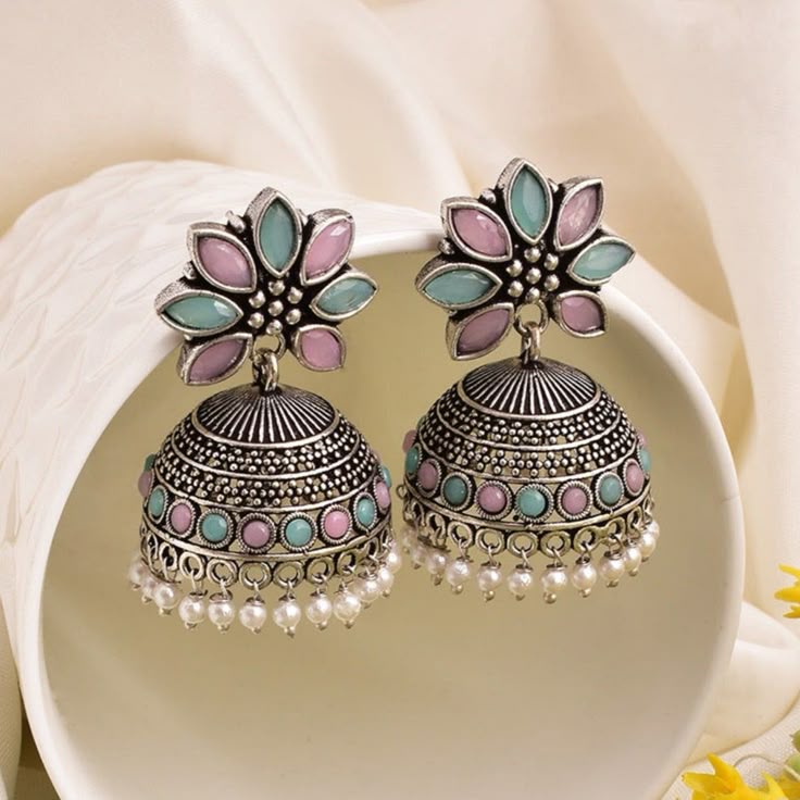 Green Floral Jhumka Earrings